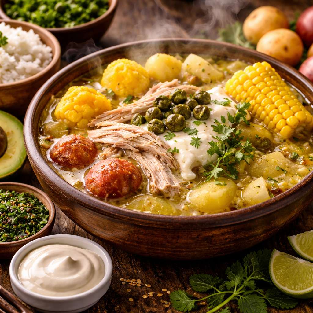 Bowl de ajiaco colombiano con papas, pollo desmechado, maíz, alcaparras y crema, humeando intensamente, rodeado de aguacate, arroz, cilantro, lima y salsas sobre mesa rústica.