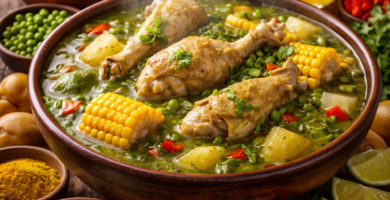 Bowl humeante de aguadito peruano con caldo verde brillante, arroz, trozos de pollo, maíz, arvejas y cilantro fresco, sobre mesa rústica con lima y ají amarillo.