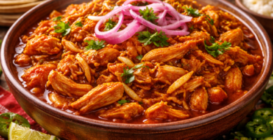 Primer plano de tinga de pollo mexicana con pollo desmechado en salsa roja, servida sobre tostadas crujientes con cebolla encurtida, aguacate y cilantro fresco sobre fondo rústico.
