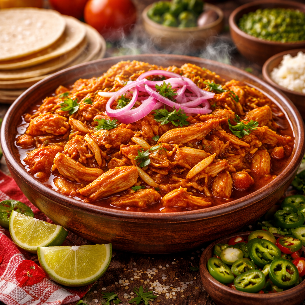 Primer plano de tinga de pollo mexicana con pollo desmechado en salsa roja, servida sobre tostadas crujientes con cebolla encurtida, aguacate y cilantro fresco sobre fondo rústico.