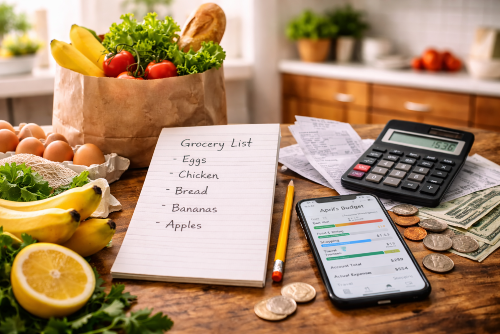 Mi Madre Gastaba 600€/Mes En Comida Para 4. Ahora 180€. Este Es Su Método 1 Mesa de cocina con lista de compras escrita a mano, billetes, monedas, tarjeta, productos del supermercado, y calculadora encendida junto a móvil con app financiera abierta.