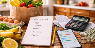 Mesa de cocina con lista de compras escrita a mano, billetes, monedas, tarjeta, productos del supermercado, y calculadora encendida junto a móvil con app financiera abierta.