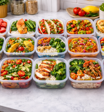 Cajas de comida casera perfectamente alineadas sobre una encimera de cocina moderna, con platos variados de arroz, verduras, carne y frutas organizados por día, representando un menú semanal preparado.