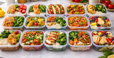 Cajas de comida casera perfectamente alineadas sobre una encimera de cocina moderna, con platos variados de arroz, verduras, carne y frutas organizados por día, representando un menú semanal preparado.