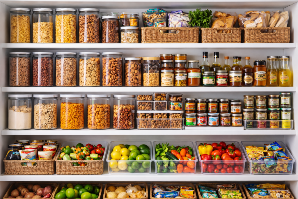 Despensa moderna con estanterías blancas llenas de frascos transparentes etiquetados, productos secos organizados por tipo, cestas de almacenaje y recipientes apilables en un espacio limpio y luminoso.
