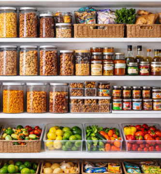 Despensa moderna con estanterías blancas llenas de frascos transparentes etiquetados, productos secos organizados por tipo, cestas de almacenaje y recipientes apilables en un espacio limpio y luminoso.