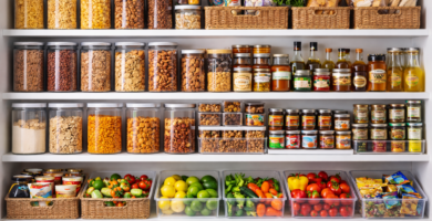 Gasté 0€ En Supermercado Durante 1 Mes. Comí Mejor Que Nunca (Mi Sistema) 6 Despensa moderna con estanterías blancas llenas de frascos transparentes etiquetados, productos secos organizados por tipo, cestas de almacenaje y recipientes apilables en un espacio limpio y luminoso.