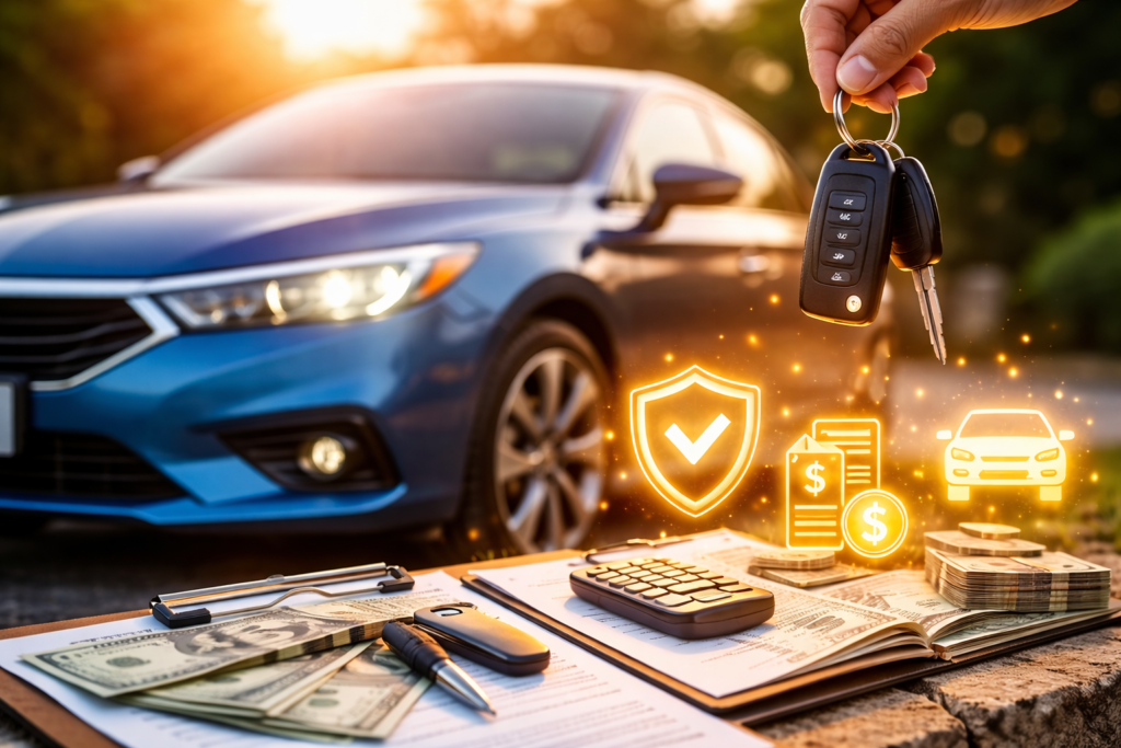 Cómo Elegir el Mejor Seguro de Auto Según Tu Presupuesto en 2025 1 Primer plano de un coche moderno estacionado en una calle urbana iluminada, con reflejos sobre la carrocería, representando la elección de un seguro de auto adecuado según el presupuesto.