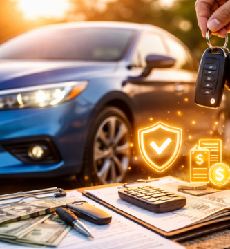 Primer plano de un coche moderno estacionado en una calle urbana iluminada, con reflejos sobre la carrocería, representando la elección de un seguro de auto adecuado según el presupuesto.