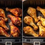 Muslos de pollo crujientes recién hechos en freidora de aire, cocinados a la perfección con piel dorada