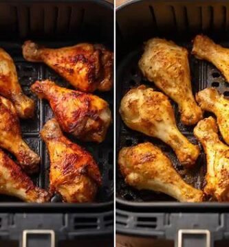 Muslos de pollo crujientes recién hechos en freidora de aire, cocinados a la perfección con piel dorada
