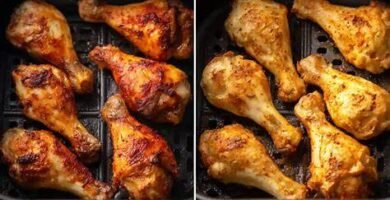 Muslos de pollo crujientes recién hechos en freidora de aire, cocinados a la perfección con piel dorada