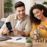 Pareja joven revisando inversiones en su móvil mientras ahorran dinero en un tarro en una mesa de trabajo, simbolizando cómo empezar a invertir desde cero.