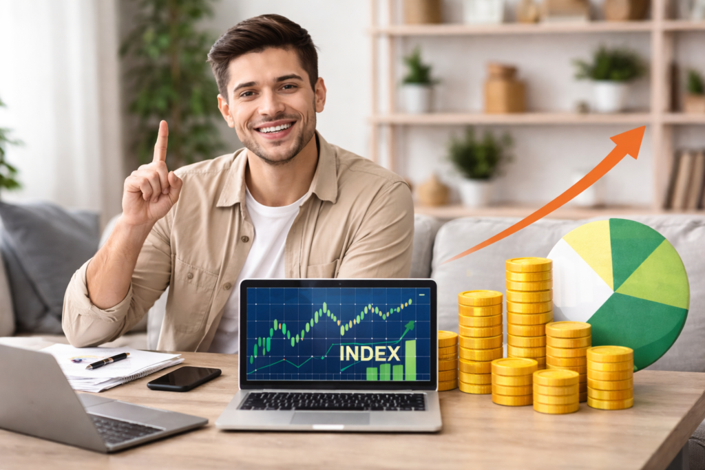 Hombre joven sentado en un escritorio con un portátil que muestra una gráfica de fondos indexados en crecimiento, junto a monedas apiladas y un gráfico circular, representando el inicio en la inversión.