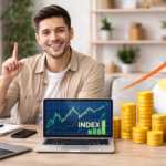 Hombre joven sentado en un escritorio con un portátil que muestra una gráfica de fondos indexados en crecimiento, junto a monedas apiladas y un gráfico circular, representando el inicio en la inversión.