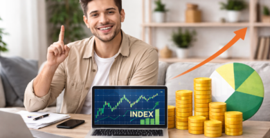 Fondos Indexados en 2026: Qué Son, Cómo Funcionan y Por Qué Son la Base de una Buena Inversión 4 Hombre joven sentado en un escritorio con un portátil que muestra una gráfica de fondos indexados en crecimiento, junto a monedas apiladas y un gráfico circular, representando el inicio en la inversión.