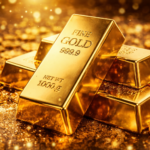 Lingotes de oro puro de 1000 gramos apilados sobre una superficie cubierta de monedas doradas y destellos brillantes, resaltando su valor y atractivo como inversión segura en 2026