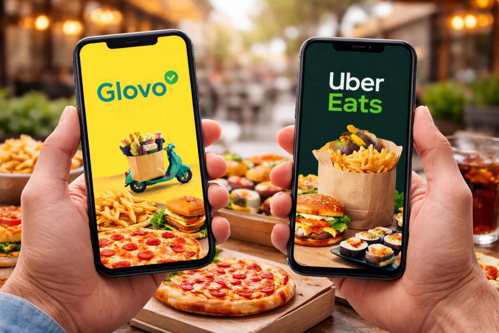 Pedí Delivery 4 Veces/Semana Durante 2 Años. Gasté 41.600€. Así Lo Dejé 1 Dos teléfonos móviles mostrando las apps de delivery Glovo y Uber Eats con pizzas, hamburguesas, sushi y papas fritas al fondo en una mesa de comida al aire libre