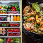 Comparación visual entre una nevera perfectamente organizada con frutas, verduras y alimentos frescos, y un basurero lleno de comida en mal estado, mostrando el desperdicio alimentario