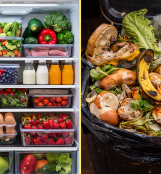 Tiré 847€ De Comida A La Basura En 1 Año. Este Sistema Lo Redujo A 0€ 2 Comparación visual entre una nevera perfectamente organizada con frutas, verduras y alimentos frescos, y un basurero lleno de comida en mal estado, mostrando el desperdicio alimentario