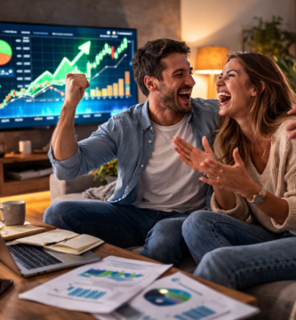 Hombre y mujer riéndose en el salón de su casa mientras observan en la televisión gráficos de inversión al alza, mostrando un ambiente natural y de éxito financiero.