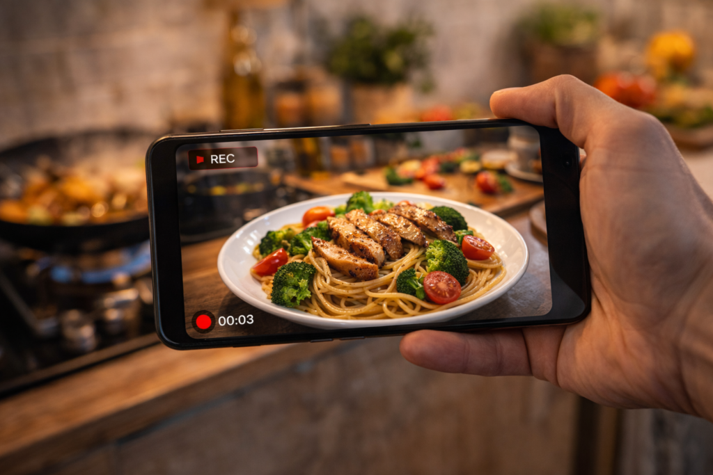 Persona grabando receta casera con el móvil en su cocina