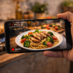 Persona grabando receta casera con el móvil en su cocina