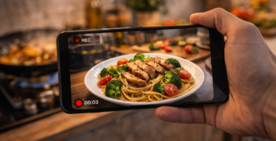 Persona grabando receta casera con el móvil en su cocina