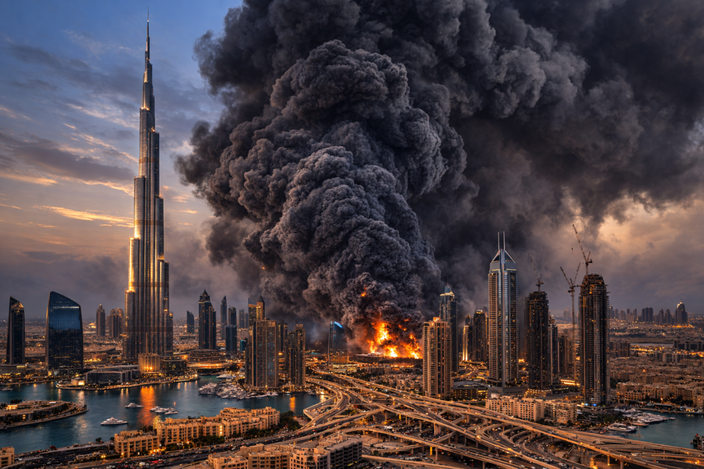 Skyline de Dubai con humo tras ataque iraní febrero 2026