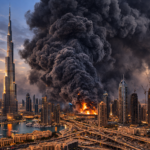 Skyline de Dubai con humo tras ataque iraní febrero 2026