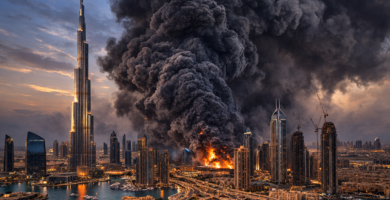 Skyline de Dubai con humo tras ataque iraní febrero 2026