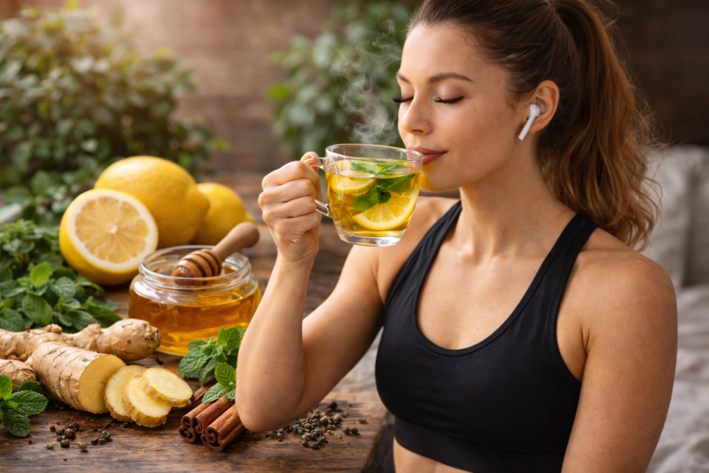 Joven mujer fitness en ropa deportiva negra bebiendo una infusión caliente de limón, jengibre y menta, rodeada de ingredientes naturales como miel, canela y té verde sobre mesa rústica