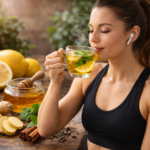 Joven mujer fitness en ropa deportiva negra bebiendo una infusión caliente de limón, jengibre y menta, rodeada de ingredientes naturales como miel, canela y té verde sobre mesa rústica