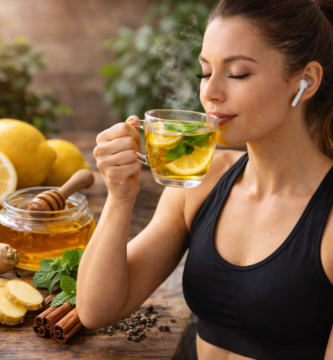 Infusión Para Adelgazar: Bebí Esto 90 Días, Perdí 8kg Y Ahorré €1.200 1 Joven mujer fitness en ropa deportiva negra bebiendo una infusión caliente de limón, jengibre y menta, rodeada de ingredientes naturales como miel, canela y té verde sobre mesa rústica