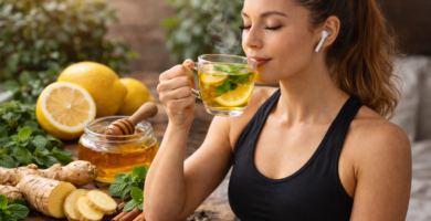 Joven mujer fitness en ropa deportiva negra bebiendo una infusión caliente de limón, jengibre y menta, rodeada de ingredientes naturales como miel, canela y té verde sobre mesa rústica