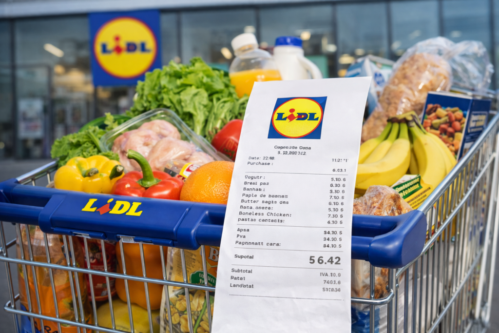 Compré Solo En Lidl Durante 6 Meses. Ahorré 4.127€. Comparativa Real vs Mercadona 1 Carrito de supermercado lleno de productos frescos en Lidl con ticket de compra visible en primer plano, mostrando precios y variedad de alimentos como frutas, verduras, pan, leche y carne