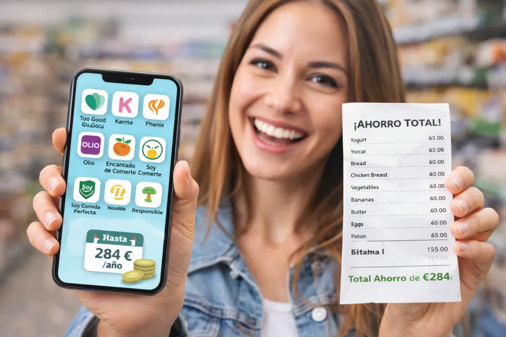 Probé 8 Apps Ahorro Comida Durante 30 Días. Ahorré 847€. Ranking + Scams Revelados 3 Joven sonriente mostrando en su móvil 8 apps de ahorro alimentario como Too Good To Go, Karma, Phenix y otras, junto a un ticket que refleja un ahorro total de 284 euros al año, en un supermercado