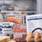 Alimentos perecederos como leche, salmón, carne picada, yogur y huevos con fechas de caducidad visibles junto a un análisis clínico con resultados normales de glucosa, colesterol y presión arterial, acompañado de un estetoscopio en un entorno de cocina o supermercado