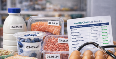 Alimentos perecederos como leche, salmón, carne picada, yogur y huevos con fechas de caducidad visibles junto a un análisis clínico con resultados normales de glucosa, colesterol y presión arterial, acompañado de un estetoscopio en un entorno de cocina o supermercado