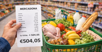 Carrito de supermercado lleno con productos básicos como pollo, leche, frutas, verduras, huevos y pan, junto a una mano que sostiene un ticket de compra de Mercadona por valor de 504,05 € en un pasillo de supermercado en España en 2026