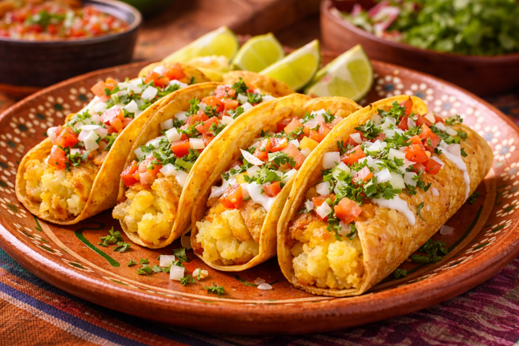 Tacos de Papa Dorada Por Menos de 3€: La Receta Viral Que Arrasa en TikTok 1 Primer plano de tacos de papa dorada servidos en plato artesanal mexicano, con tortillas crujientes rellenas de puré de papa dorado, coronados con pico de gallo, crema y cilantro fresco, sobre fondo colorido y rústico