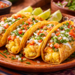 Primer plano de tacos de papa dorada servidos en plato artesanal mexicano, con tortillas crujientes rellenas de puré de papa dorado, coronados con pico de gallo, crema y cilantro fresco, sobre fondo colorido y rústico
