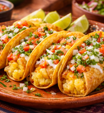 Tacos de Papa Dorada Por Menos de 3€: La Receta Viral Que Arrasa en TikTok 2 Primer plano de tacos de papa dorada servidos en plato artesanal mexicano, con tortillas crujientes rellenas de puré de papa dorado, coronados con pico de gallo, crema y cilantro fresco, sobre fondo colorido y rústico