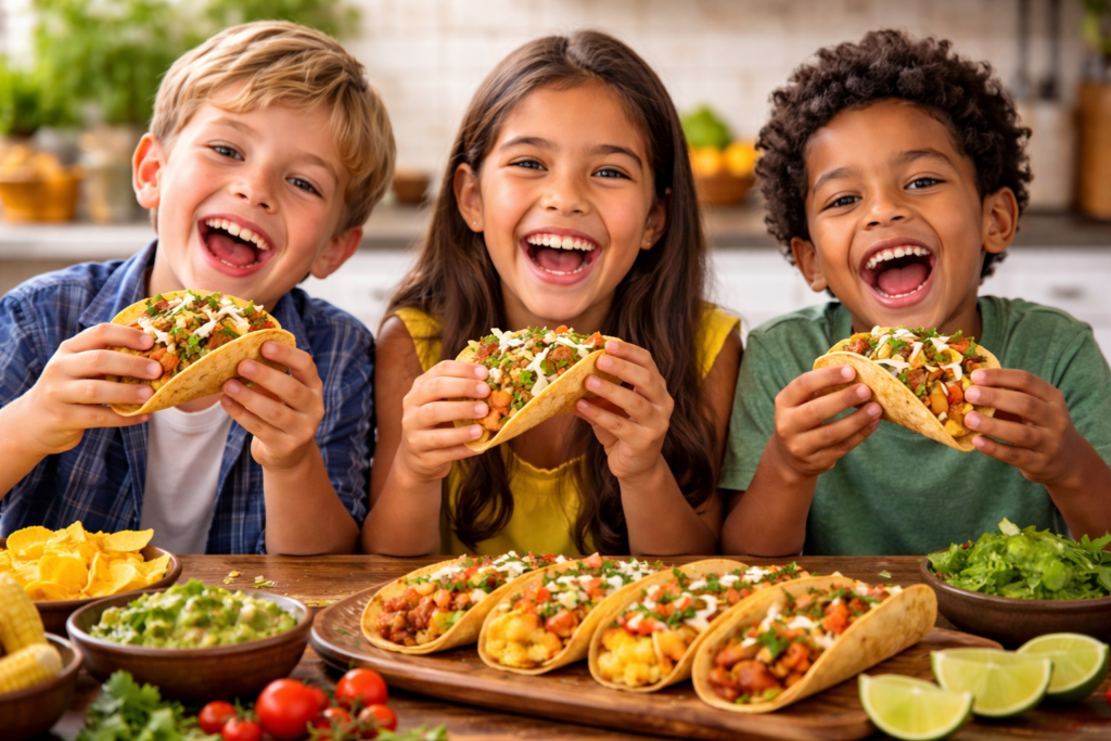 Tres niños sonrientes comiendo tacos caseros rellenos de carne, vegetales y queso en una mesa con guacamole, chips y limones, en una cocina luminosa y alegre, reflejando felicidad y disfrute familiar