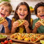 Tres niños sonrientes comiendo tacos caseros rellenos de carne, vegetales y queso en una mesa con guacamole, chips y limones, en una cocina luminosa y alegre, reflejando felicidad y disfrute familiar