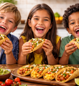 Este es el truco que hará que tus hijos devoren el plato sin quejarse 1 Tres niños sonrientes comiendo tacos caseros rellenos de carne, vegetales y queso en una mesa con guacamole, chips y limones, en una cocina luminosa y alegre, reflejando felicidad y disfrute familiar