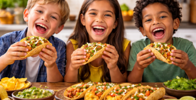 Este es el truco que hará que tus hijos devoren el plato sin quejarse 1 Tres niños sonrientes comiendo tacos caseros rellenos de carne, vegetales y queso en una mesa con guacamole, chips y limones, en una cocina luminosa y alegre, reflejando felicidad y disfrute familiar