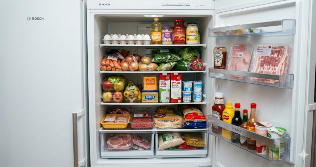 Nevera familiar llena con productos básicos baratos para cocinar