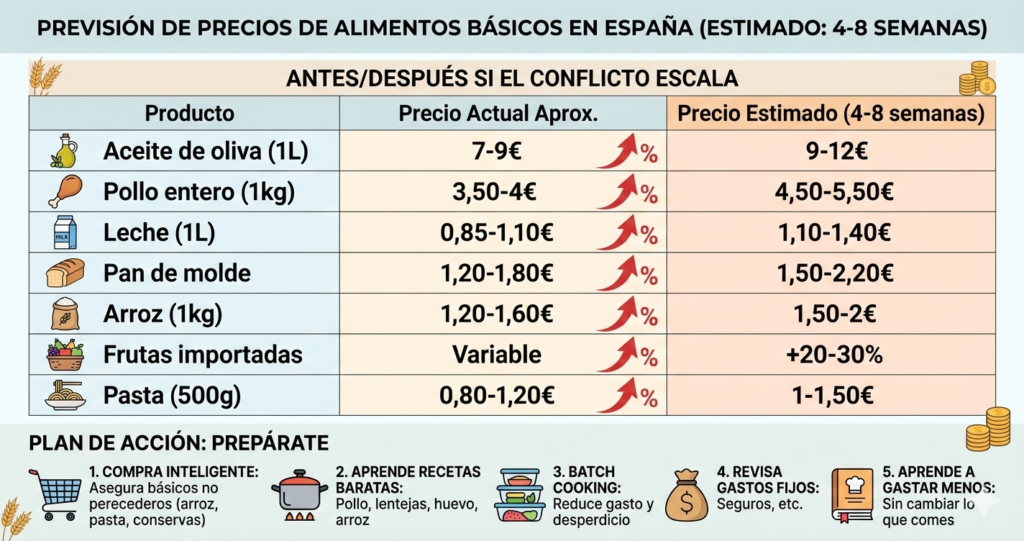 Tabla comparativa precios alimentos España antes y después conflicto Irán 2026