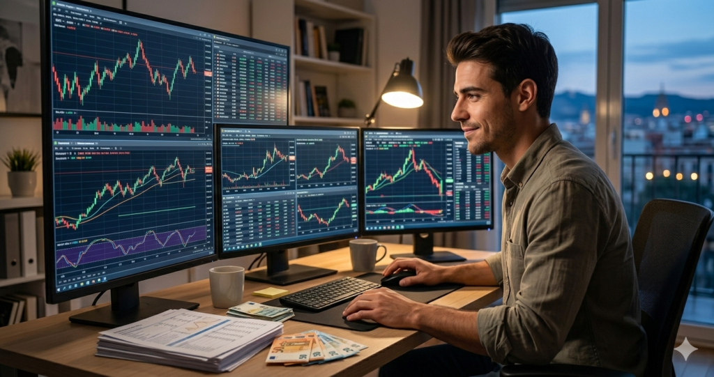 Errores Comunes al Invertir en 2026 (Y Cómo Evitarlos Desde el Principio) 1 Hombre joven analizando gráficos bursátiles en tiempo real en un escritorio con múltiples monitores. Se observan velas japonesas, indicadores financieros, billetes de euro y documentos de inversión en un ambiente de oficina en casa durante el atardecer."